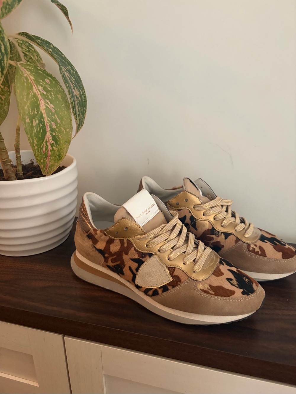 Philippe Model Tropez Pony Hair Camo Gold Sneakers EU 36